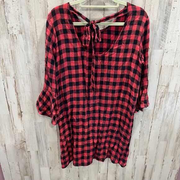 Anthropologie Cloth & Stone Red Buffalo Plaid Mini Dress Back Tie Womens PXS - Picture 2 of 7